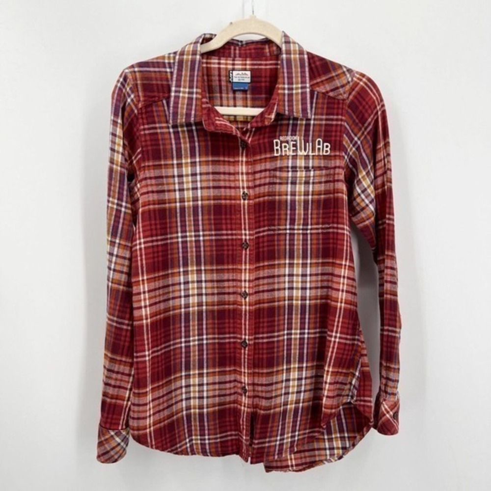 Kavu Plaid Flannel Button Up Shirt Red Redhook Brewery Embroidered